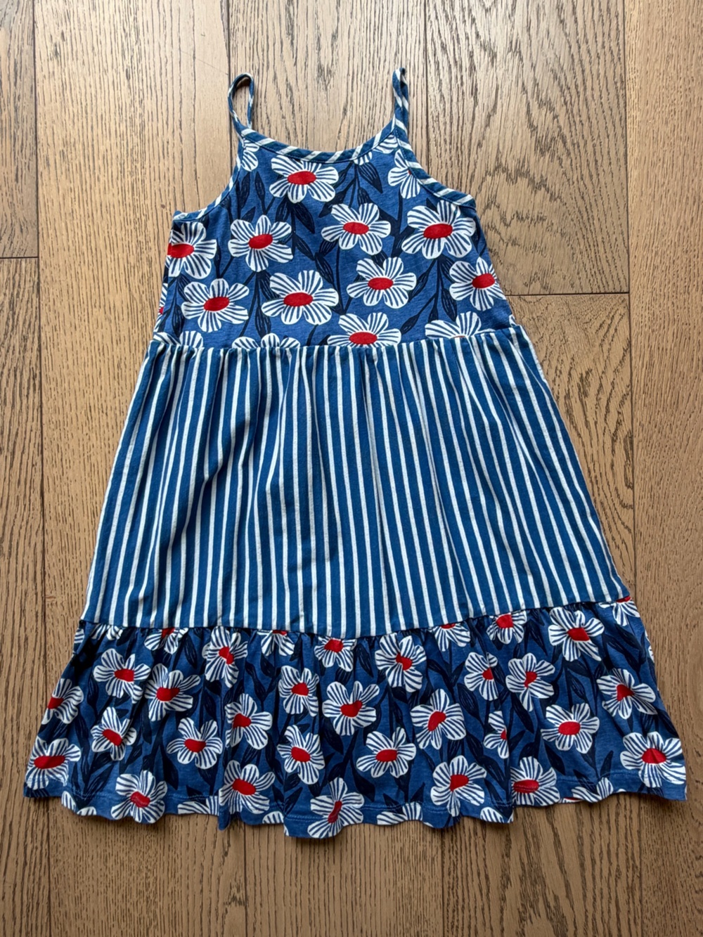 Hanna Andersson Girls Blue Floral & Stripe Tiered Midi Dress w/ Straps Size 6/7